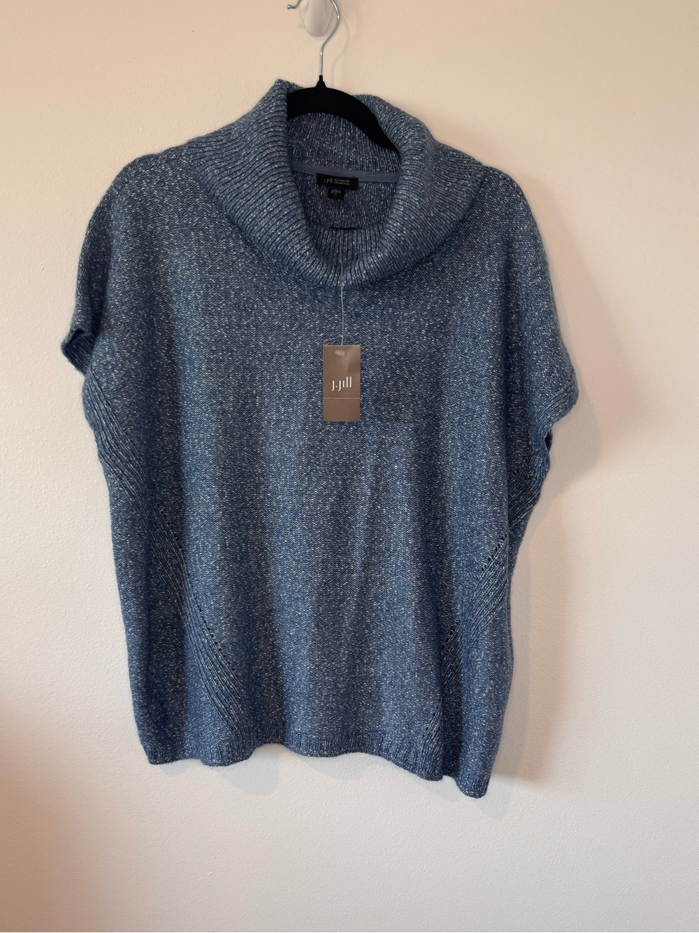 NWT J.Jill Wearever Cowl Neck Poncho Sweater Womenโs Large Blue Cotton Blend